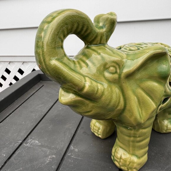 Carved Lace Crackle Finish Ceramic Green Elephant Statue Vintage Figurine - Picture 4 of 13
